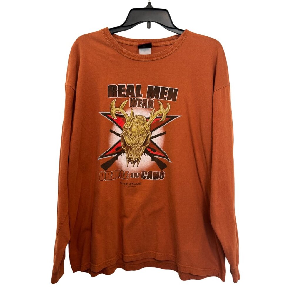 Lost Creek Long Sleeve Graphic T-Shirt Mens XL Orange Deer Skull Design Cotton